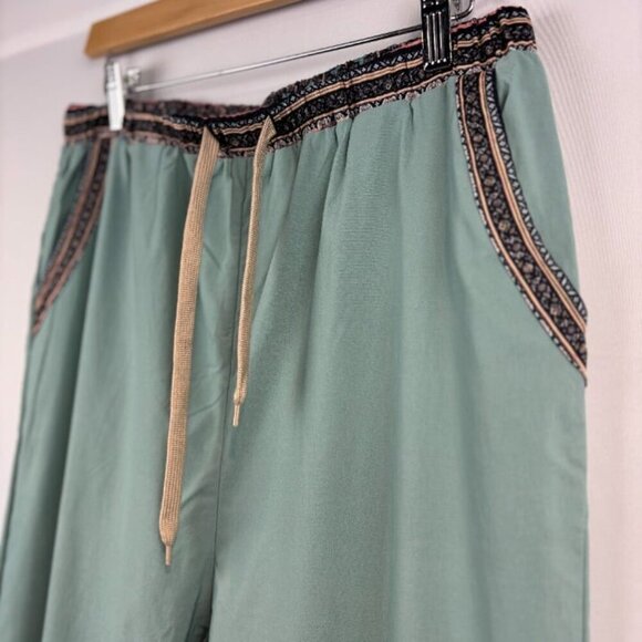 Mint Green Bohemian-Style Pants w/ Embroidered Details - Picture 2 of 7